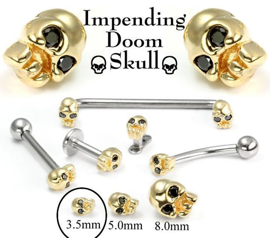 Tilum 14kt Yellow Gold Internally 1.2mm(14g) Threaded 3.5mm SKULL with BLACK Gem Eyes - Price Per 1