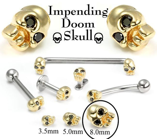 Tilum 14kt Yellow Gold Internally 1.2mm(14g) Threaded 8mm SKULL with BLACK Gem Eyes - Price Per 1