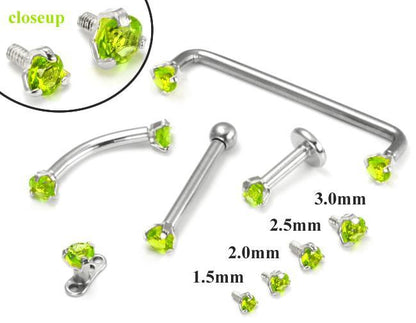 Tilum 14g-12g Internally Threaded White Gold Light Green Jewel Top - Price Per 1 - Painful Pleasures