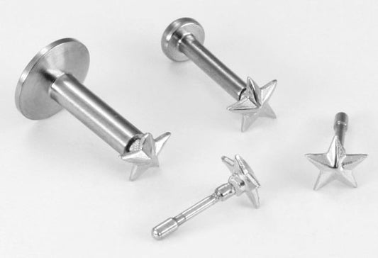 18g, 16g, or 14g Steel Push Pop Threadless 14kt White Gold Prong 3D Star - Price Per 1