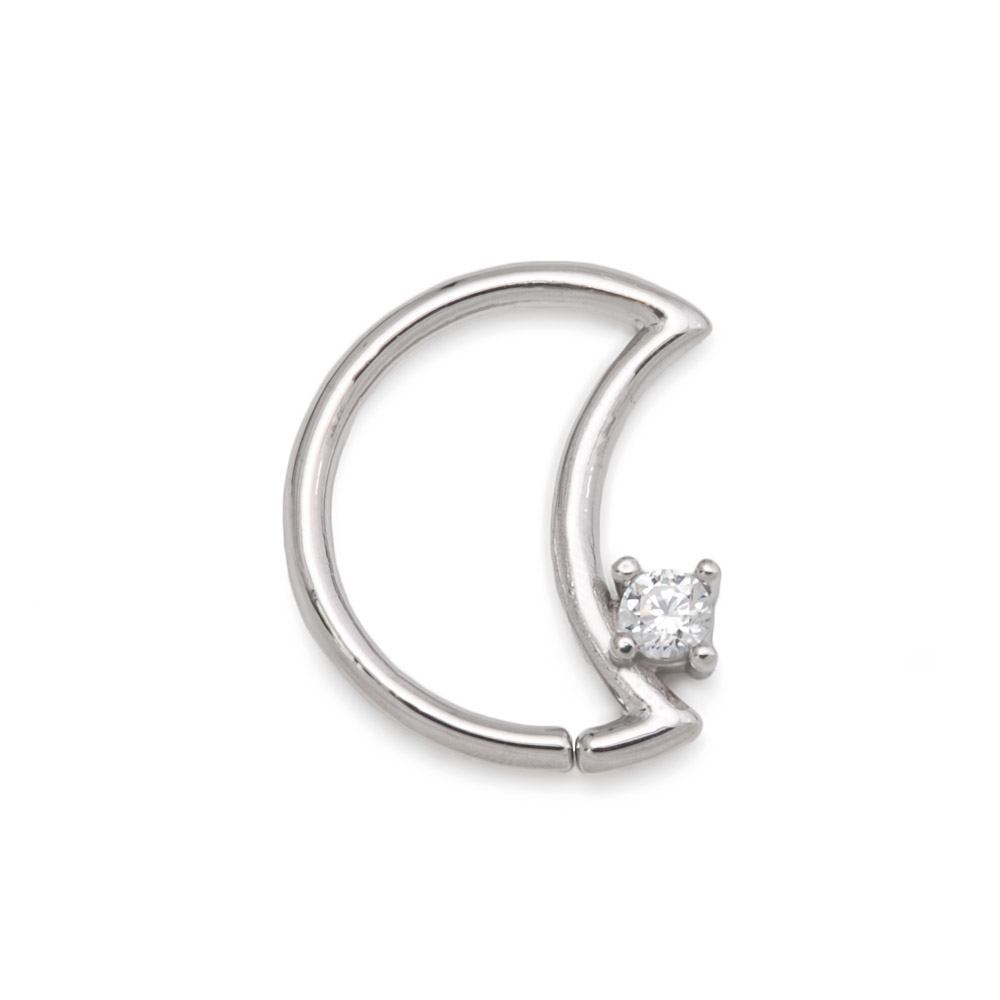 Tilum 16g 14kt White Gold Crescent Moon Bendable Ear Jewelry with Crystal Jewel - Right Facing - Price Per 1