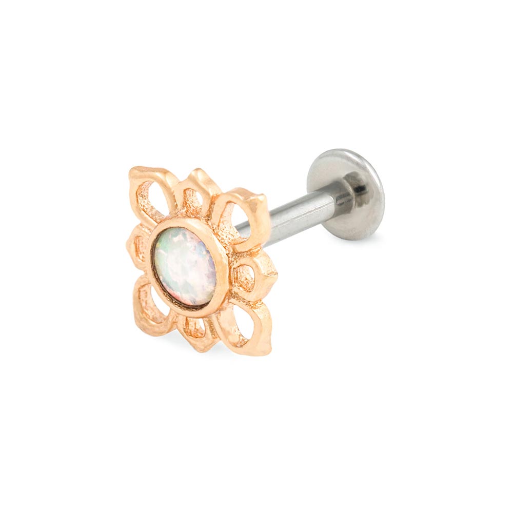 Yellow Gold White Opal Cruciform Flower Top with Labret Post