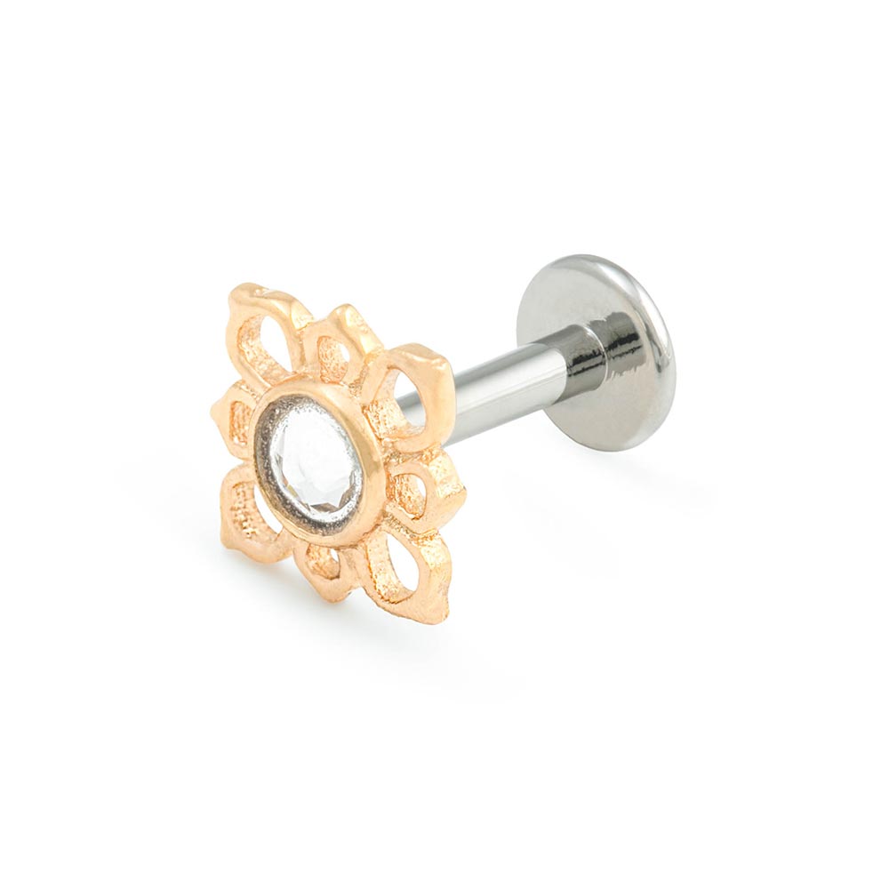 Yellow Gold Crystal Jewel Cruciform Flower Top with Labret Post