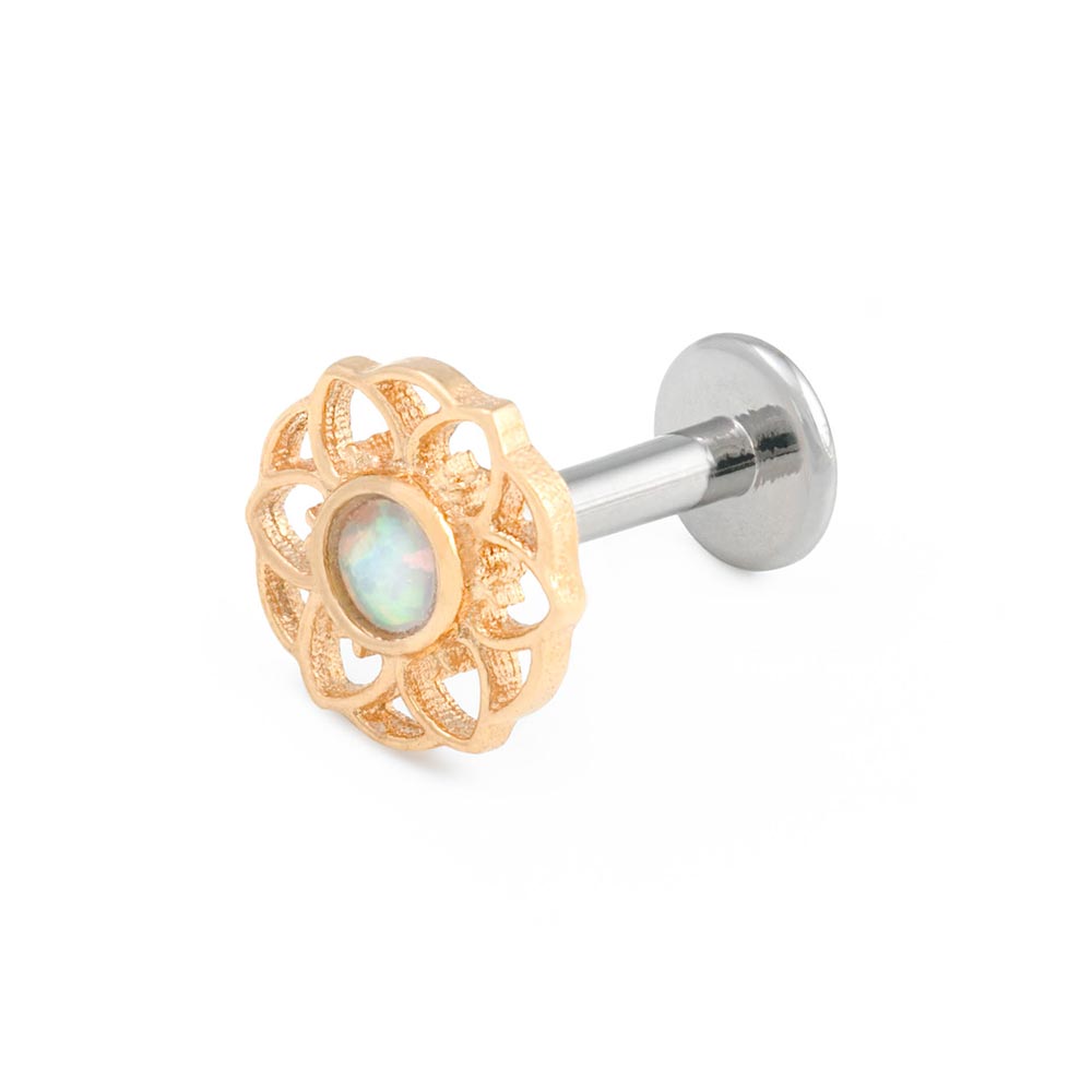 Yellow Gold White Opal Hellebore Top with Labret Post