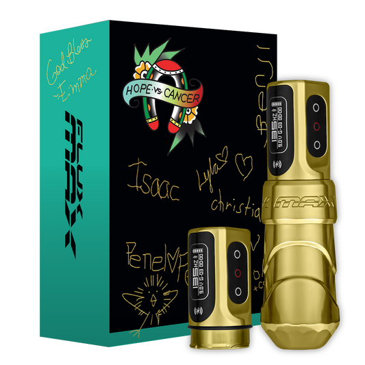 FK Irons Flux Max Tattoo Machine with 2 PowerBolt 2.0 — Hope Versus Cancer Gold — Pick Stroke Length