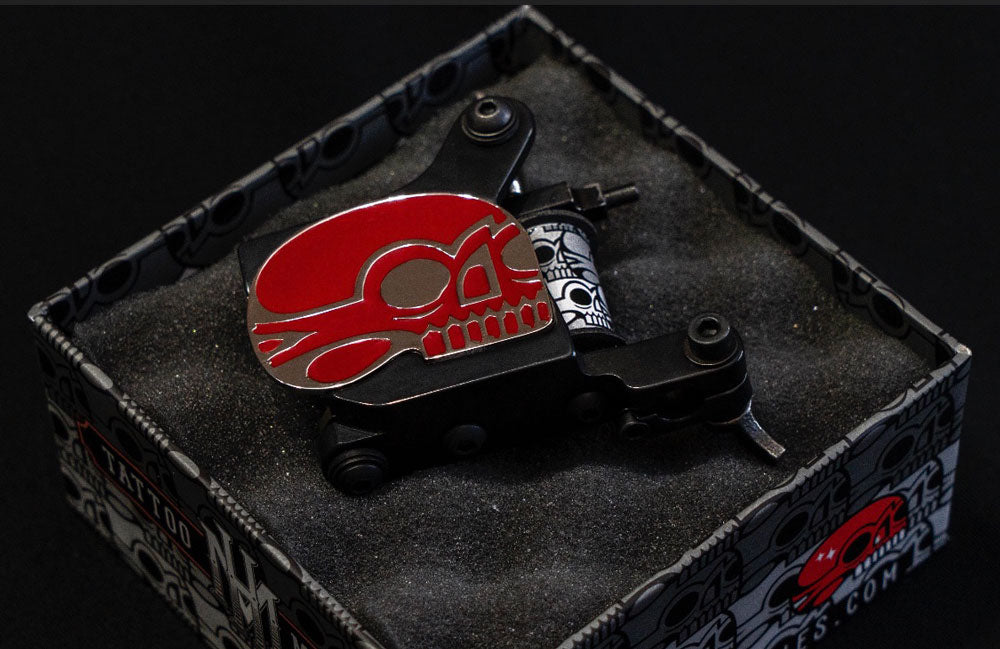 HM Deno Nickel Plated with Red Enamel Tattoo Machine in Open Box