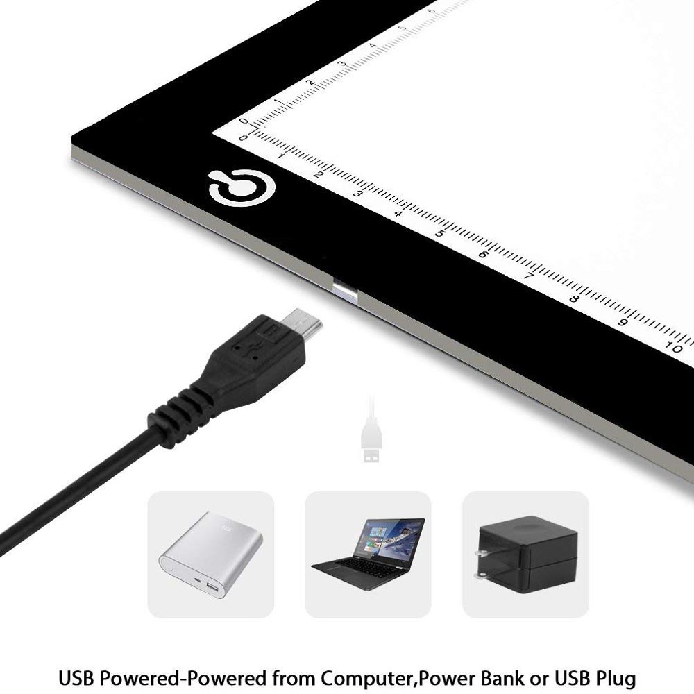 Precision Ultra Thin Tracing Light Box for tattoo stencils shown with power cord and plug