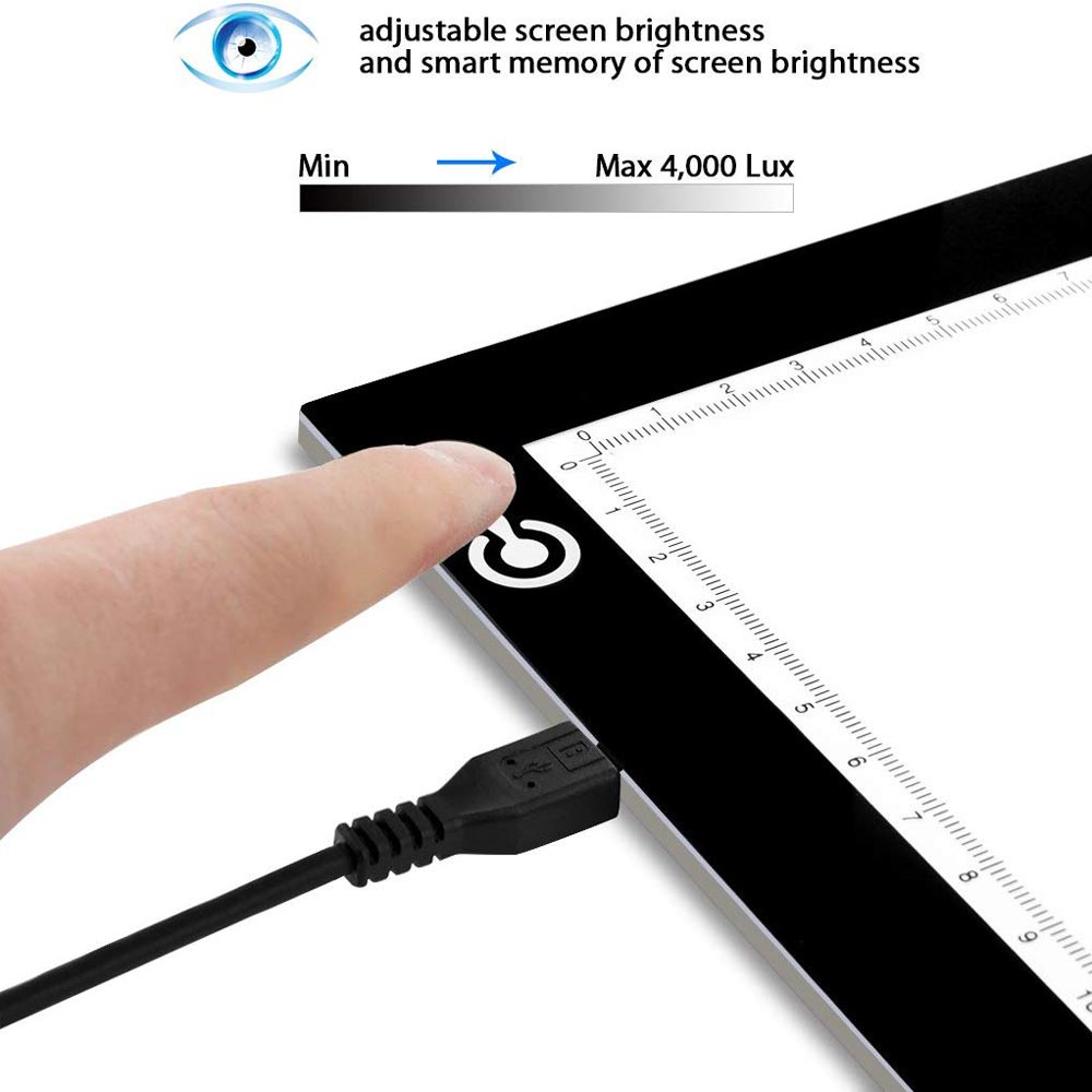 Labeled outer and screen dimensions of Precision Ultra Thin Tracing Light Box for tattoo stencils; anime sketch illustration shown on screen