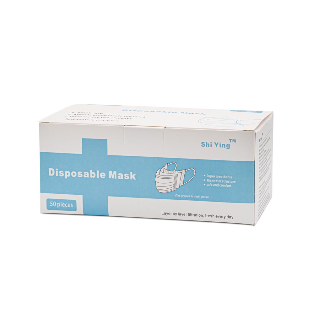 Front view of 50 count box of Blue Disposable Face Masks