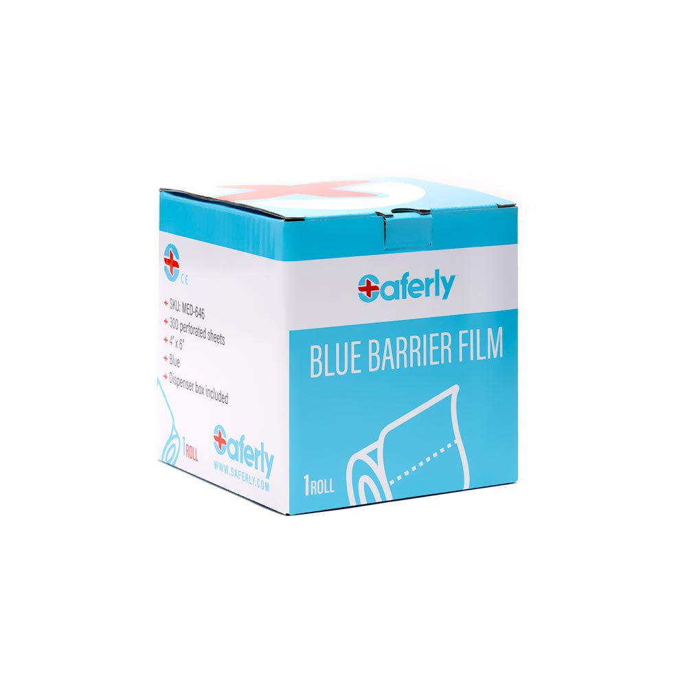 Saferly Blue Travel-Sized Barrier Film in Dispenser Box — 4” x 6” — Price Per Roll