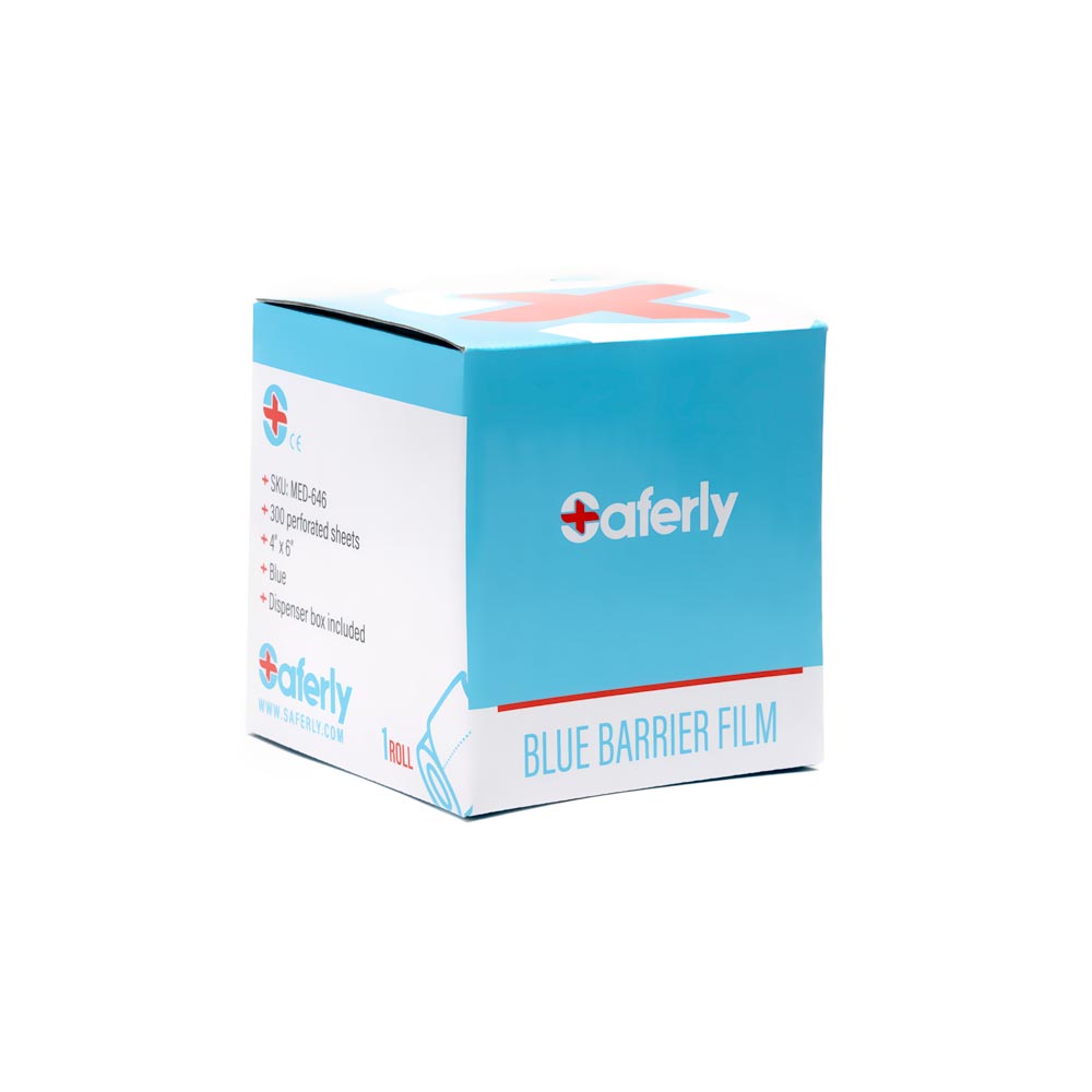 Saferly Blue Travel-Sized Barrier Film in Dispenser Box — 4” x 6” — Price Per Roll