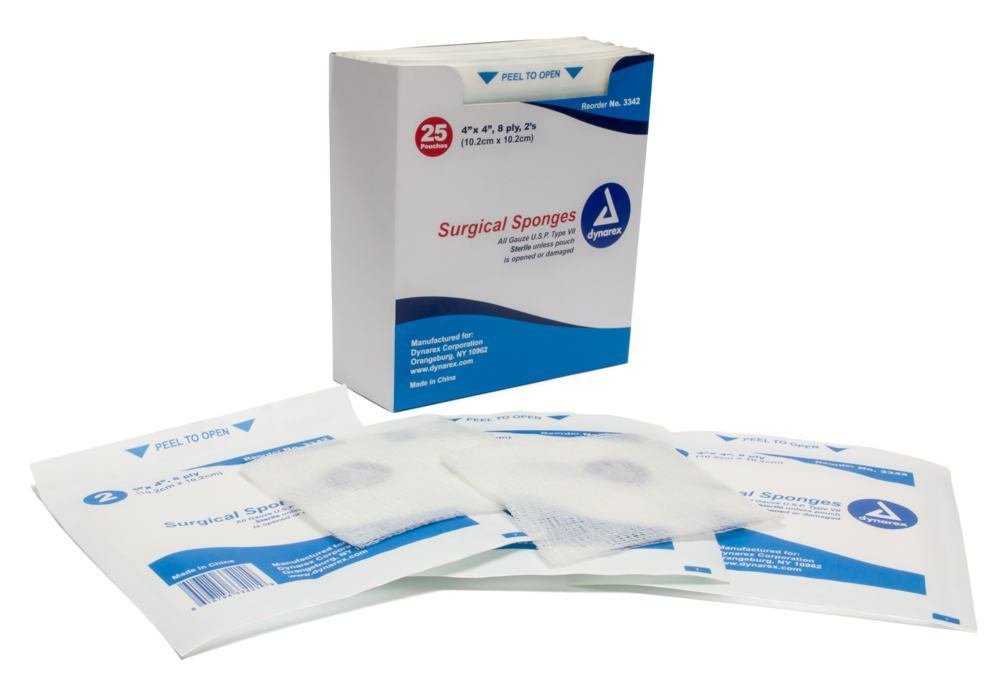 Dynarex 8 ply 2's Sterile Gauze, 4" x 4" - One Box of 25 pouches