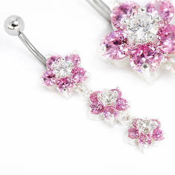 14g 7/16" Triple Flower Pink Dangle Belly Button Ring