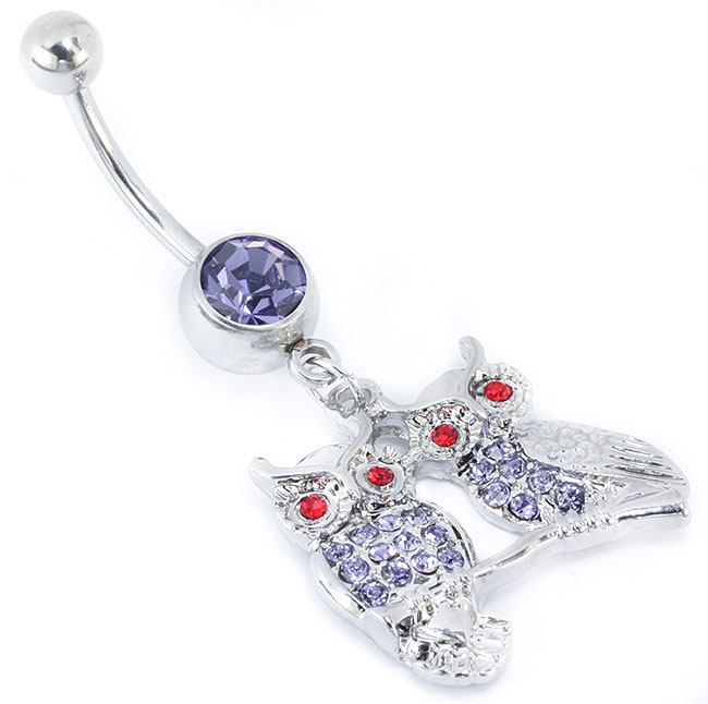 14g 7/16" SINGLE GEM LAVENDER Navel with OWLS on BRANCH Dangle Jewelry
