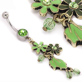 14g 7/16" Peridot Flowers n Leaves Belly Button Jewelry