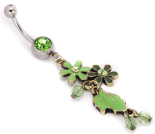 14g 7/16" Peridot Flowers n Leaves Belly Button Jewelry