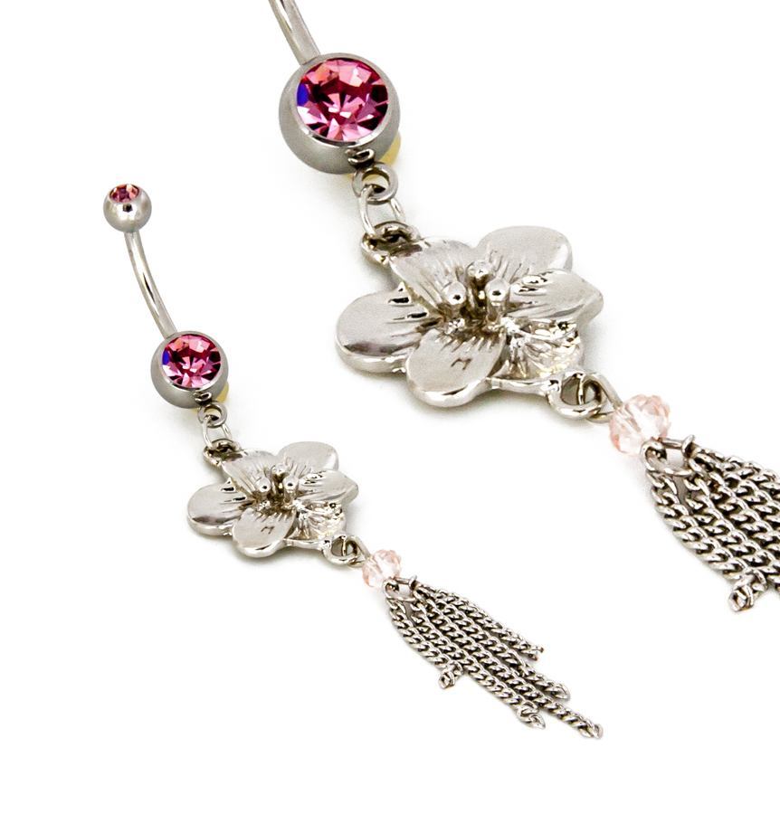Pink Flower Dangle 14g 7/16" Belly Button Jewelry