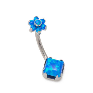 14g 7/16” Internally Threaded Princess-Cut Opal Titanium Belly Button Ring with Opal Flower Top - Painful Pleasures