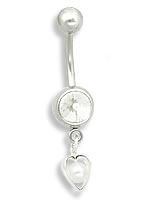 14g 7/16" Crystal Jewel with Trapped Pearl-like Heart Navel Ring - Painful Pleasures