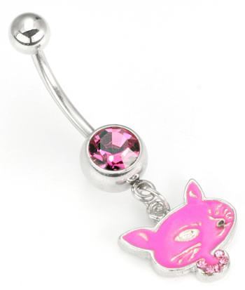 14g 7/16" Pink Mischievous Kitty Dangle Belly Button Ring