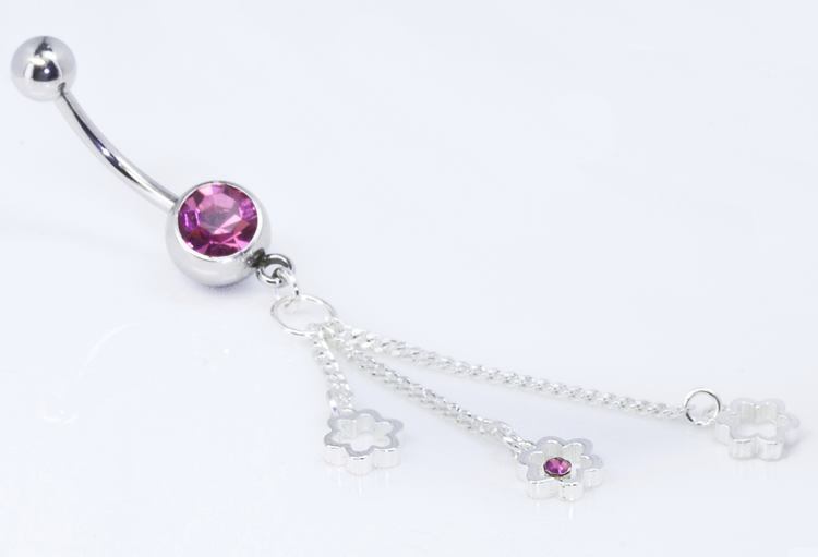 14g 7/16" Pink Jewel with Triple Flower Dangle Belly Button Ring
