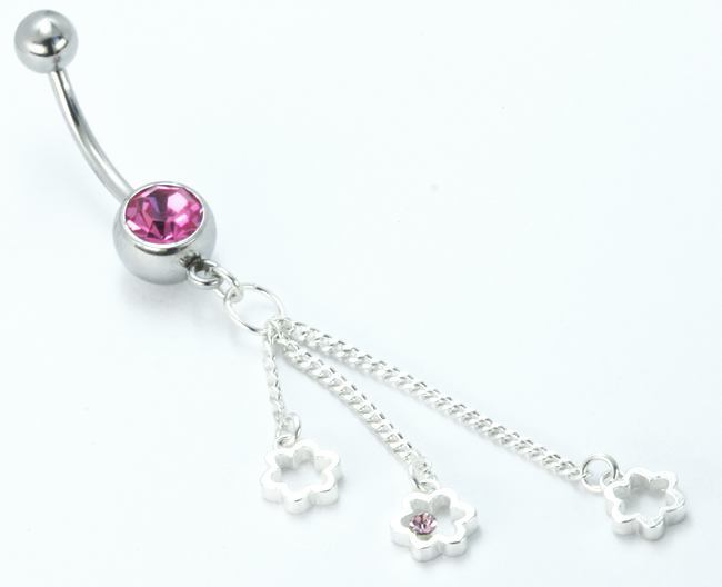 Pink Jewel with Triple Flower Dangle Belly Button Ring