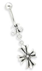 14g 3/8" Fleur De Heure with Celtic Cross Dangle Belly Button Ring