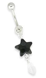 14g 7/16" Crystal Jewel with Black Star Dangle Belly Button Ring