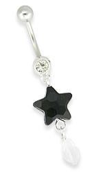 14g 7/16" Crystal Jewel with Black Star Dangle Belly Button Ring - Painful Pleasures
