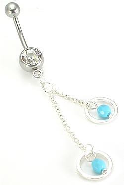 14g 7/16" Crystal Jewel with Aqua Ring Double Dangle Belly Butotn Ring