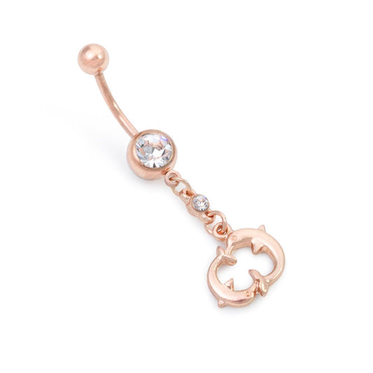 14g 7/16" PVD Rose Gold Jeweled Dolphin Dangle Belly Button Ring