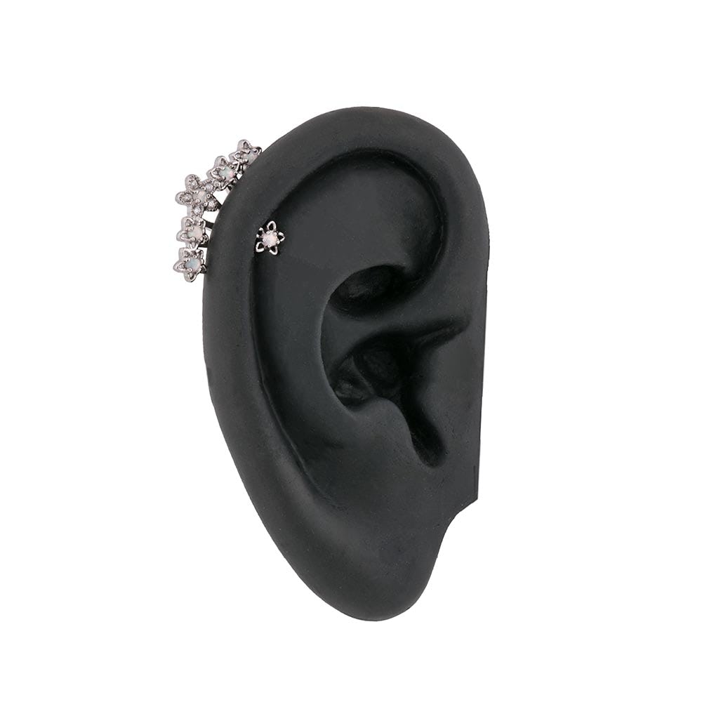 16g 1/4” Opal Star Flower Rhodium Plated Cartilage Earring — Barbell Unthreaded