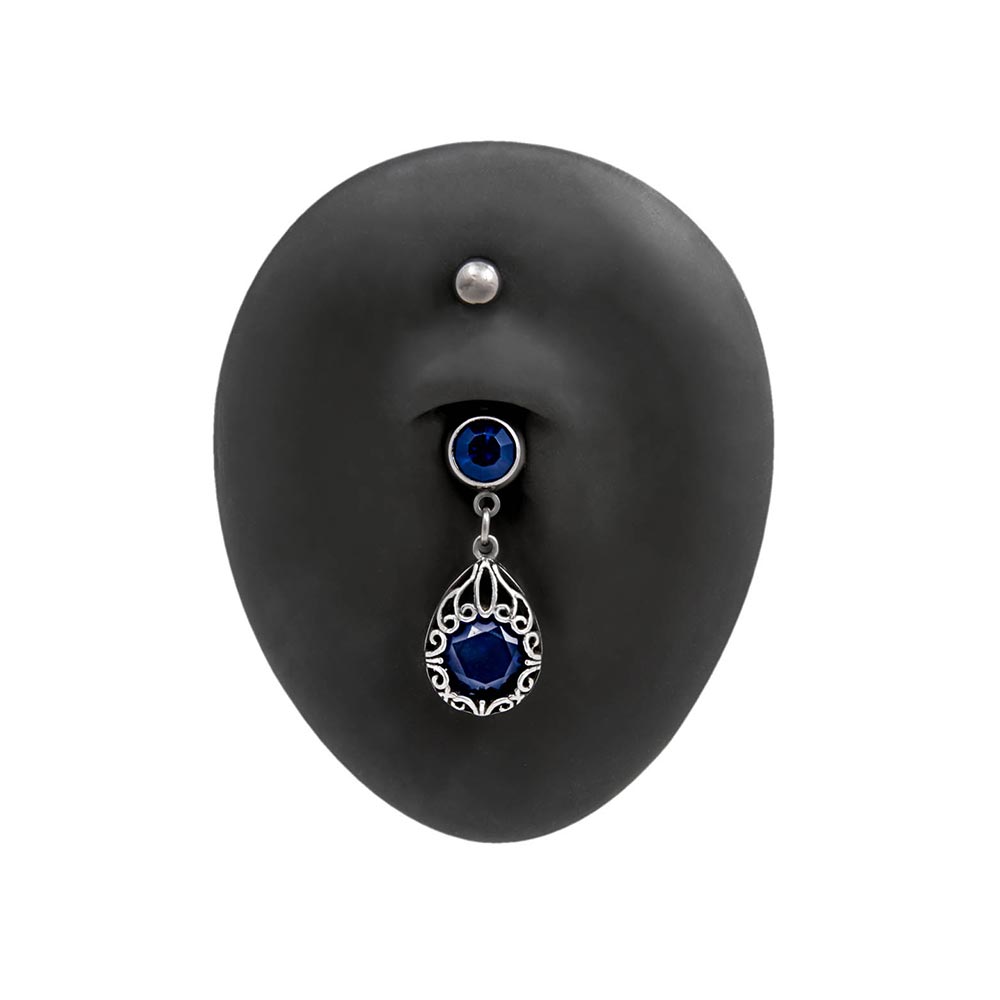 Antique Teardrop Frame Sapphire Blue Jeweled Belly Button Ring — Laying Flat