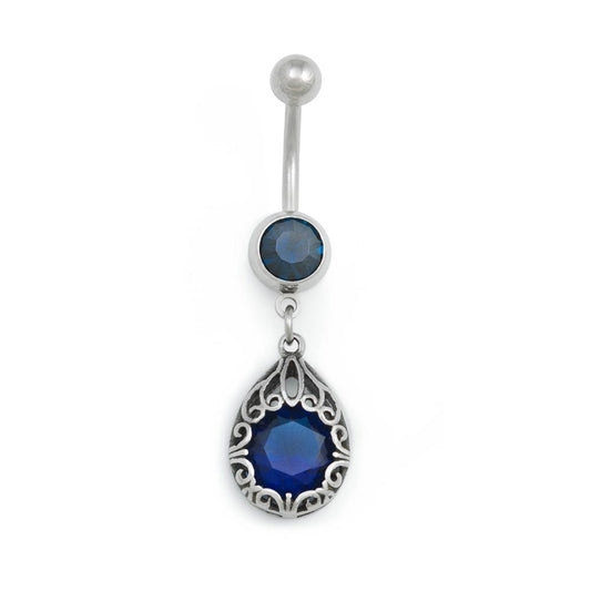 14g 3/8” Antique Teardrop Frame Blue Jeweled Belly Button Ring