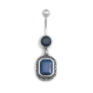 14g 3/8” Antique Octagon Frame Blue Jeweled Belly Button Ring - Painful Pleasures