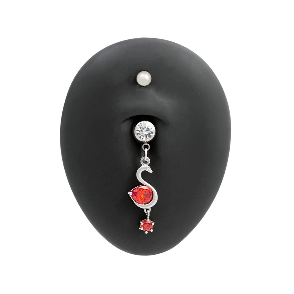 14g 3/8” Blood Red Swan Dangle Belly Button Ring — Externally Threaded Top 5mm Ball
