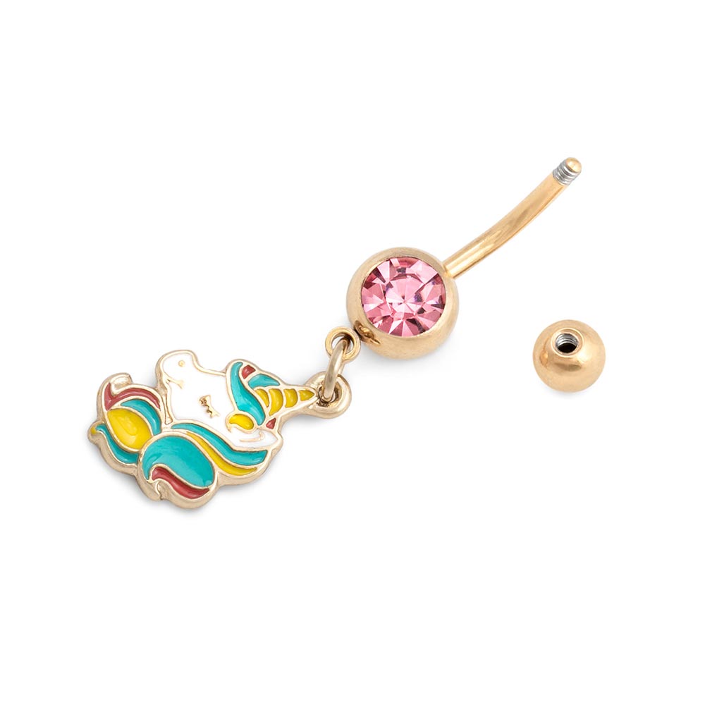14g 3/8” PVD Gold Unicorn Magic Dangle Belly Button Ring (Full)