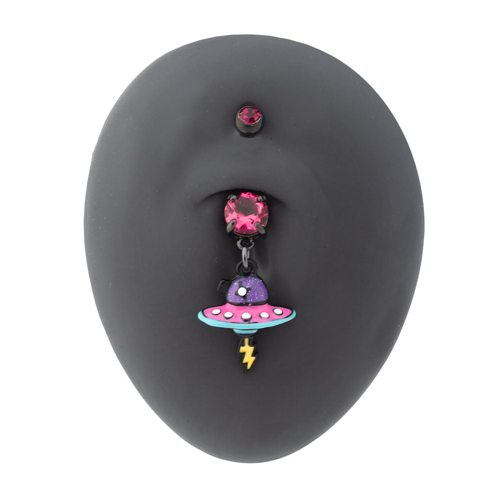 14g 3/8” Neon Spacecraft Jeweled PVD Black Dangle Belly Button Ring — External 1.6mm Threaded Top Ball