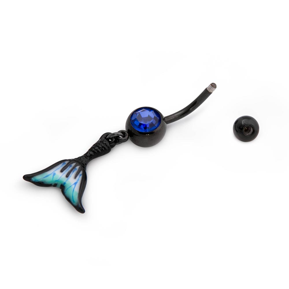 14g 3/8” PVD Black Jeweled Mermaid Tail Dangle Belly Button Ring