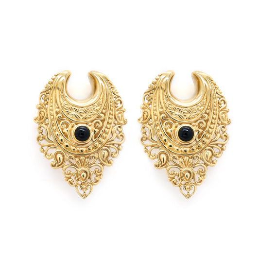 Polished Brass Filigree Black Onyx Saddle Plugs — Price Per 2