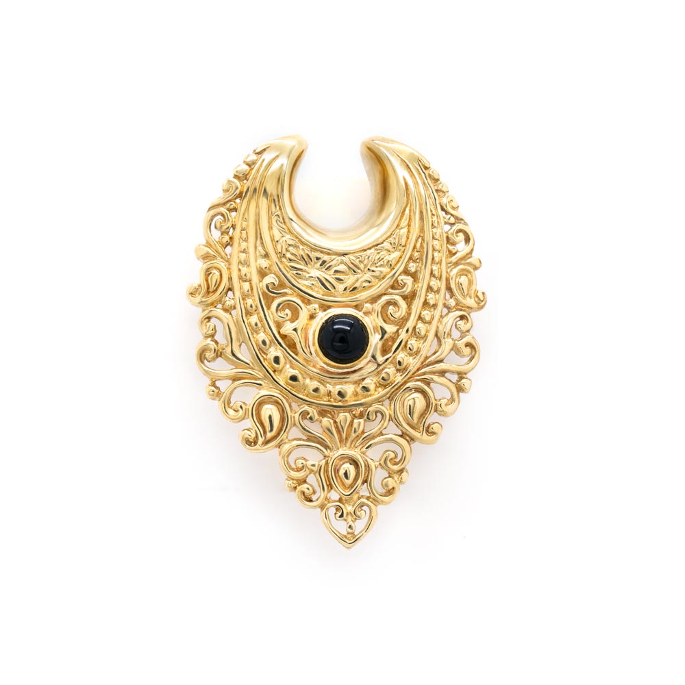 Polished Brass Filigree Black Onyx Saddle Plugs — Price Per 2