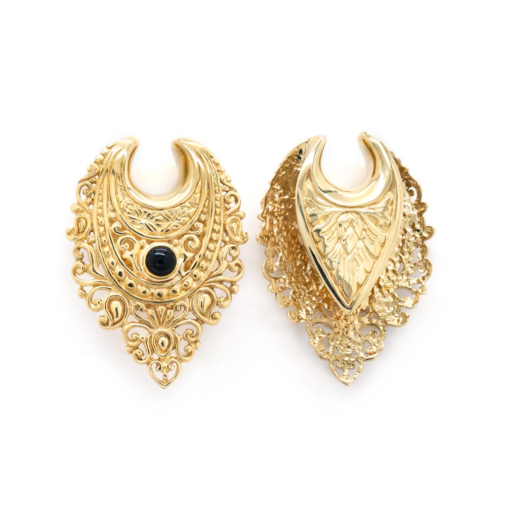 Polished Brass Filigree Black Onyx Saddle Plugs — Price Per 2