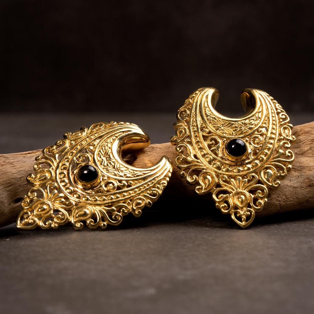 Polished Brass Filigree Black Onyx Saddle Plugs — Price Per 2