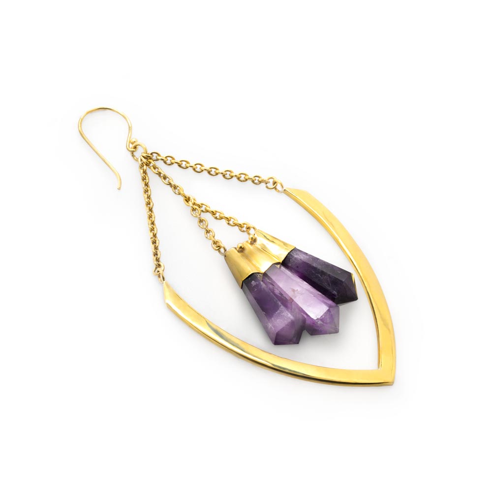 18g Amethyst Obelisk Polished Brass Shield Earrings — Price Per 2