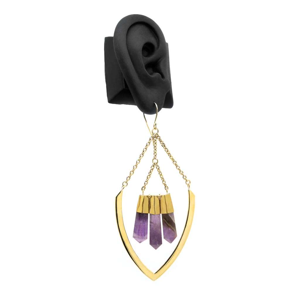 18g Amethyst Obelisk Polished Brass Shield Earrings — Price Per 2