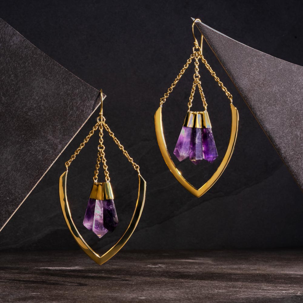 18g Amethyst Obelisk Polished Brass Shield Earrings — Price Per 2