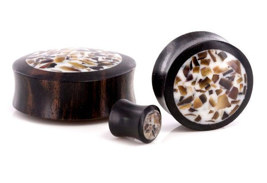 ARENG Wood Base with Mixed Shell Inlay Organic Plug Body Jewelry 6mm - 30mm - Price Per 1