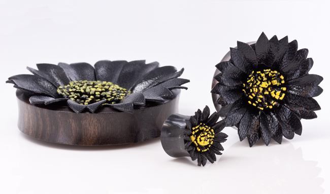 BLACK Flower Painted Leather Double Flare Horn Plug 8mm - 50mm - Price Per 1