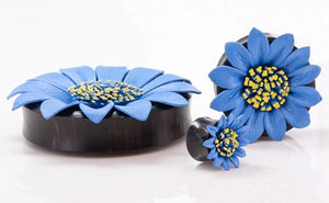 BLUE Flower Painted Leather Double Flare Horn Plug 8mm - 50mm - Price Per 1 - Painful Pleasures