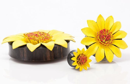 YELLOW Flower Painted Leather Double Flare Horn Plug 8mm - 50mm - Price Per 1